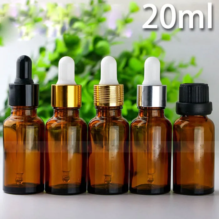 Vidro âmbar Dropper Bottle Com Preto Prata Tops 624Pcs Lot 20 ml Brown Essential Oil Vial cosméticos