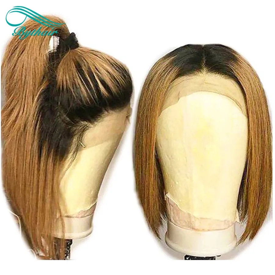 Ombre Couleur T1b / 30 Blonde Lace Front Perruques de Cheveux Humains Racines Foncées Court Bob Droite Perruque Brésilienne Vierge Full Lace Perruques Pré Cueillie