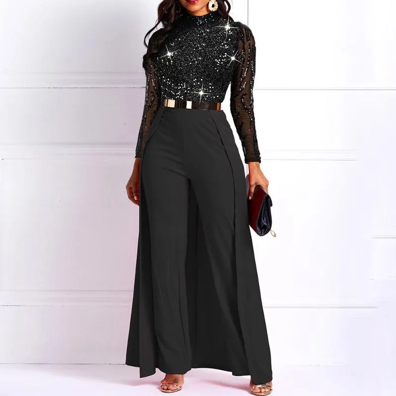 Sequins Sexy Jumpsuit Women Long Sleeve Mesh Lace See Through Party Jumpsuits Elegant Club Fashion African Ladies Black Rompers