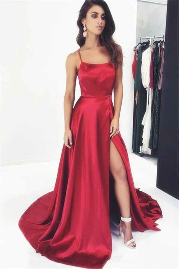 Red simples elegante escuro Sexy Correias Spaghetti Prom Dresses A Linha de cetim alta Dividir Formal Wear Partido vestidos de noite baratos Prom M96