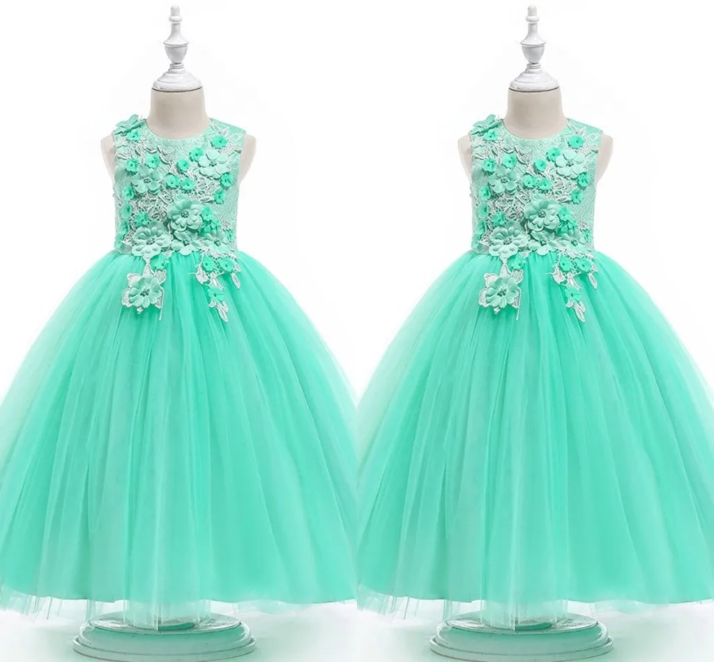 Mint Green Ball Vestido Flor Meninas Vestidos 2022 Lace 3D Flores Frisado Tampão Manga Jóia Meninas Prom Vestido Conceito Primeiro vestido de Comunhão