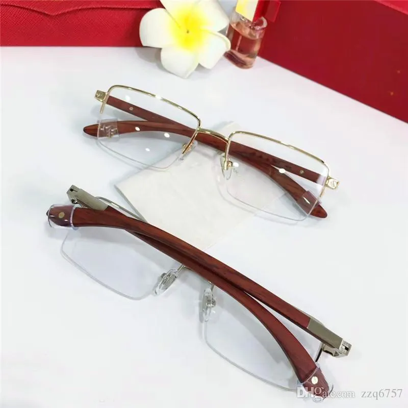 Hurtownie Nowa Moda Rama Projektant Okulary Optyczny 8101025 Retro Metalowa Pół Ramki Przezroczyste Obiektyw Drewno Nogi Proste Business Style Najwyższej jakości