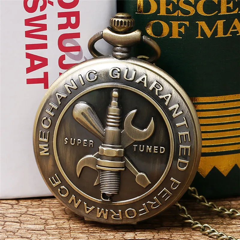 Vintage Bronze Pocket Watch 3D Mechanic Garanterad Prestanda Tema Super Tuned Words Design Quartz Klockor Halsband Kedja Present