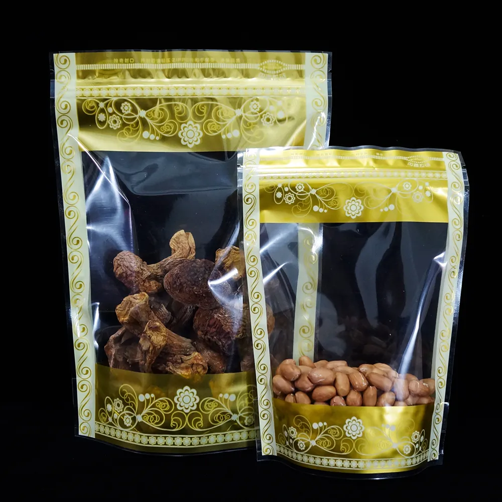 Wholesale Food Storage Pouch 100pcs Reusable Transparent Plastic Ziplock Bag with Gold Flowers Printing Nougat Packing Package Dustproof Bag