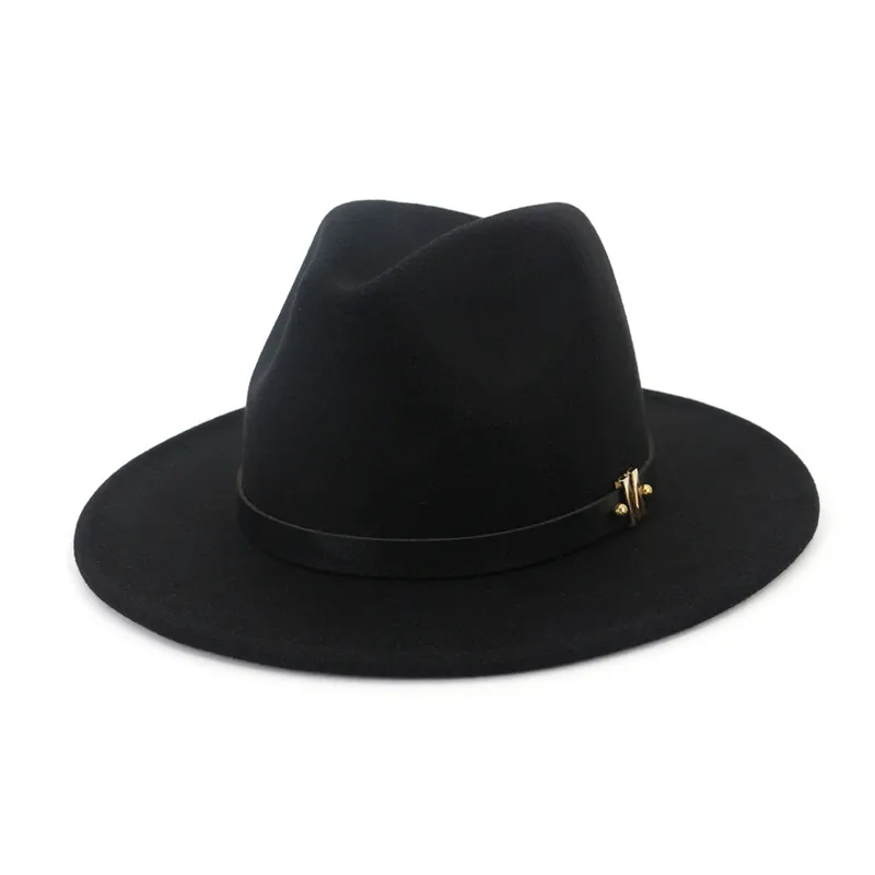 Unisexe uni teint M lettre cuir décoré Trilby chapeau Jazz laine feutre Fedora chapeaux hommes femmes bord plat Panama Gambler casquette