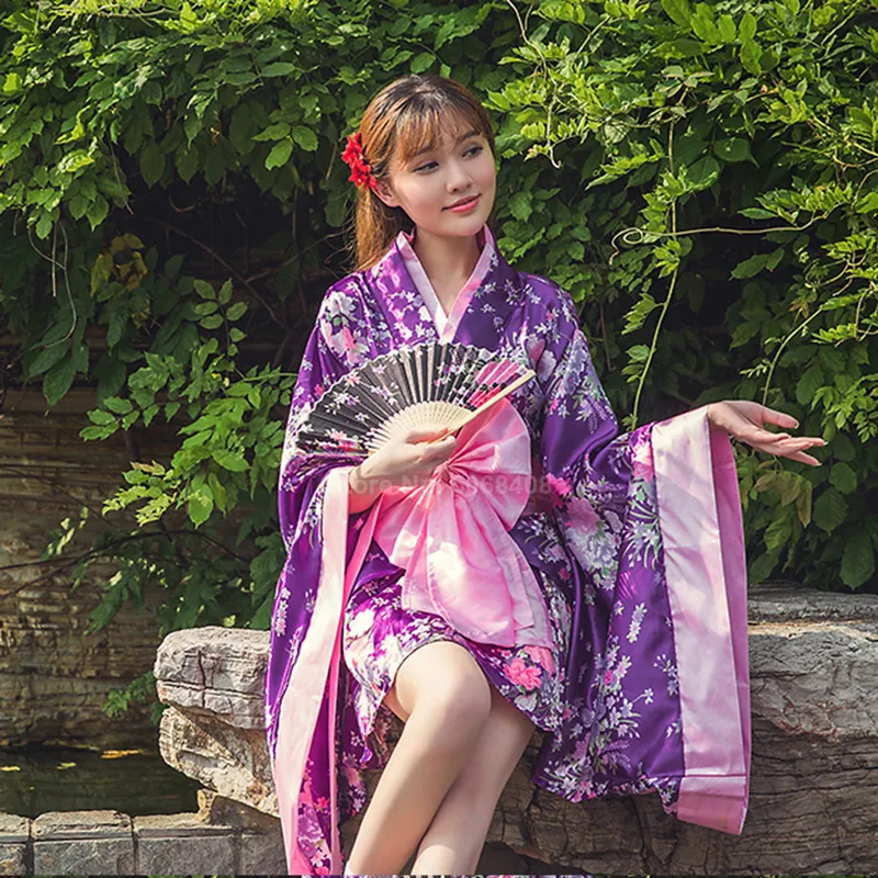 Japanese Women Traditional Silk blend Kimono Vintage Dress Floral Print Bow-knot Sakura Fancy Sexy Anime Cosplay Costume