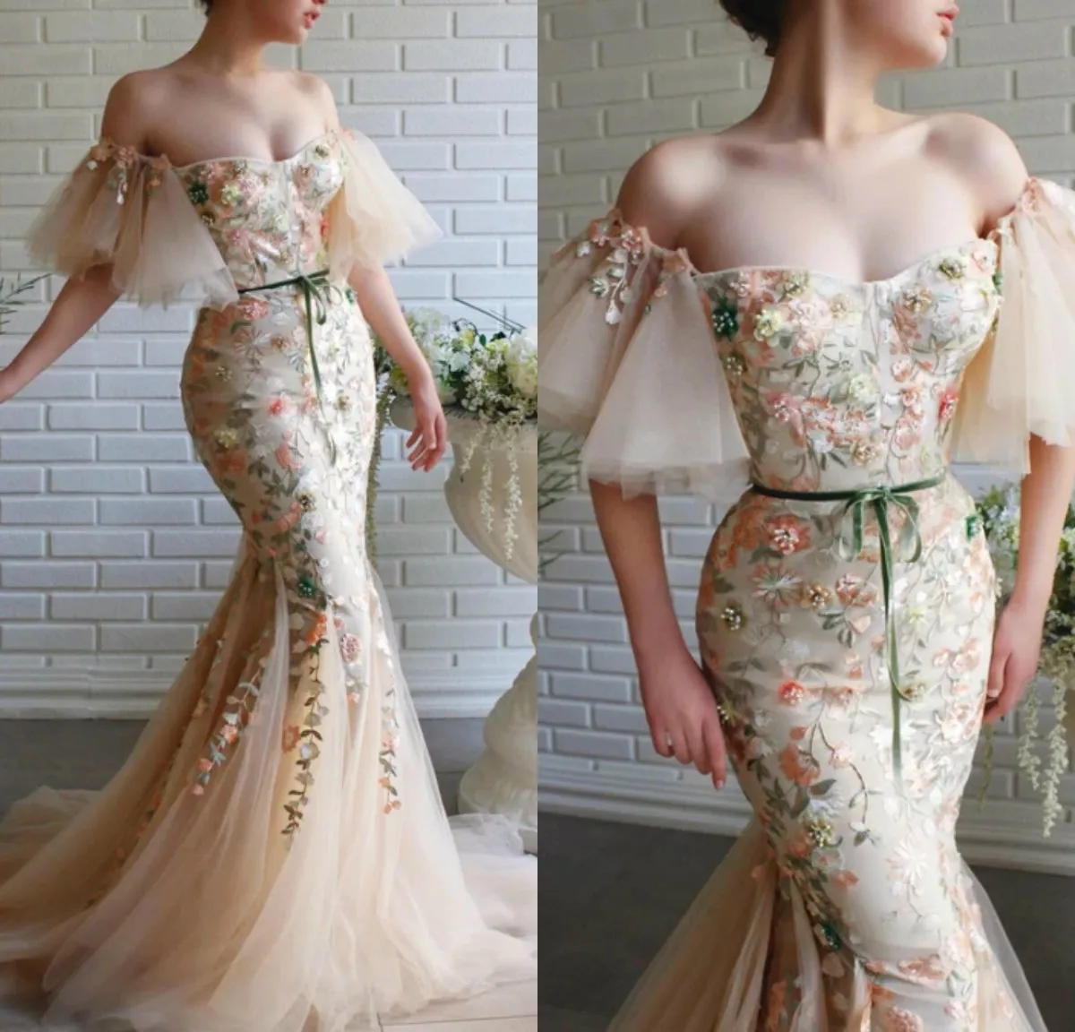 2020 Floral Mermaid Prom Gowns Off-shoulder Appliqued Beaded Hand Made Flower Evening Gown Ruched Sweep Train Custom Made Prom Dress