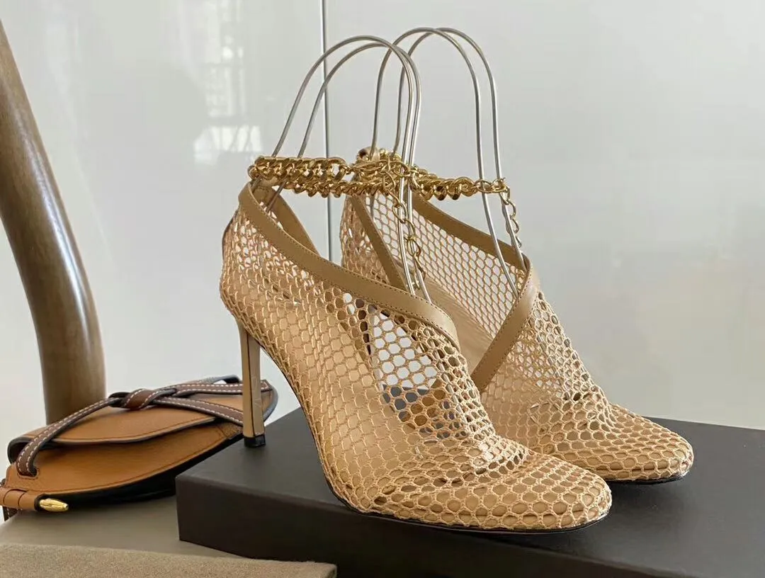 top quality! 202005052604y 40 black/beige fishnet see through gold chain heels 8cm lamb skin leather sole