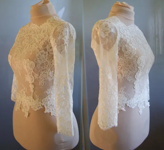 Giacche da sposa bianca su misura Illuso a maniche lunghe Giacca in pizzo vintage in pizzo per abiti da sera per feste nuziali più 203c