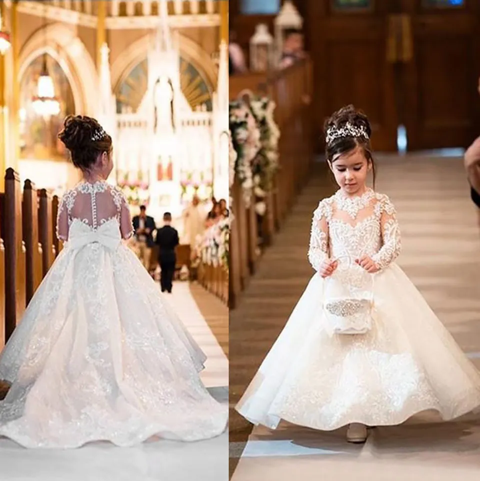 Novos vestidos de princesa para damas de honra para casamentos apliques de renda ilusão tule manga comprida aniversário de criança comunhão meninas vestidos de desfile