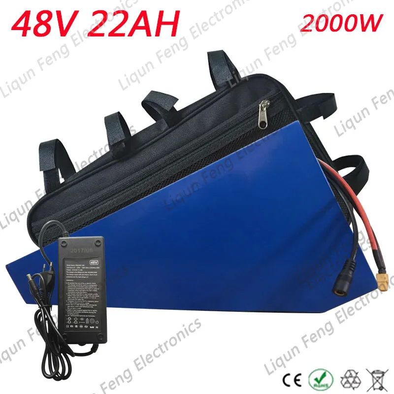 Paquete de batería de litio triangular de 48V 22ah sin impuestos de EE. UU. UE con cargador de 5A, batería de bicicleta eléctrica de 48v y bolsa triangular.