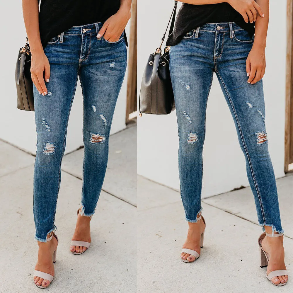 Sexy womens jeans denim jeans gescheurd gat broek hoge taille stretch slanke fit potlood broek broek heet verkoop