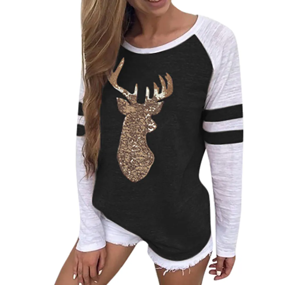 Tshirt Women Festival Christmas Womens Reindeer T shirt Xmas Long Sleeve Tops Plus Size Clothes poleras de mujer moda 2019