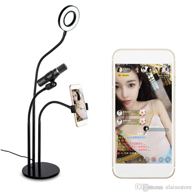 2020 Nouveau 3 en 1 LED Selfie Ring Light avec support de clip de téléphone portable et support de microphone Lazy Bracket Desk pour téléphone Samsung Android