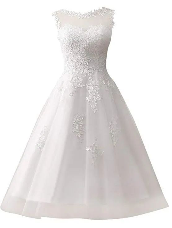 Scoop elegante trouwjurk prinses korte bruidsjurk tinle vintage bruidsjurk appliques Hoge kwaliteit kleine witte jurken