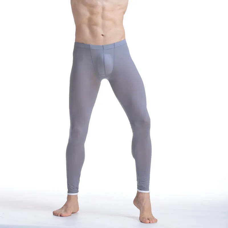 Men Sexy Ultra Thin Stretch Underwear Transparent Pouch Ice Silk Long Johns Pants Mens Home Lounge Pajamas Bottoms Sleepwear