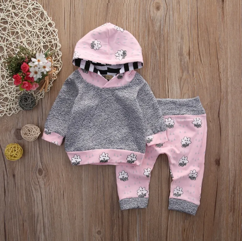 Baby Girl Kläder Cloud Bebes Hooded Toppar Byxor 2st Satser Rosa Barnkläder Set Vinter Baby Outfits 30Lots DW4546