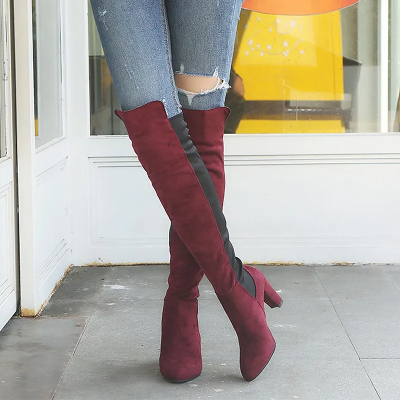 Hot Sale Thigh high boots women autumn winter high heels over the knee long boots sexy pointed toe warm plus size shoes ladies botas