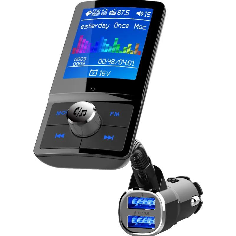 Farbbildschirm FM-Transmitter Auto MP3 Drahtlose Bluetooth-Freisprecheinrichtung Audio-AUX-Modulator mit QC3.0 Dual-USB-Ladung