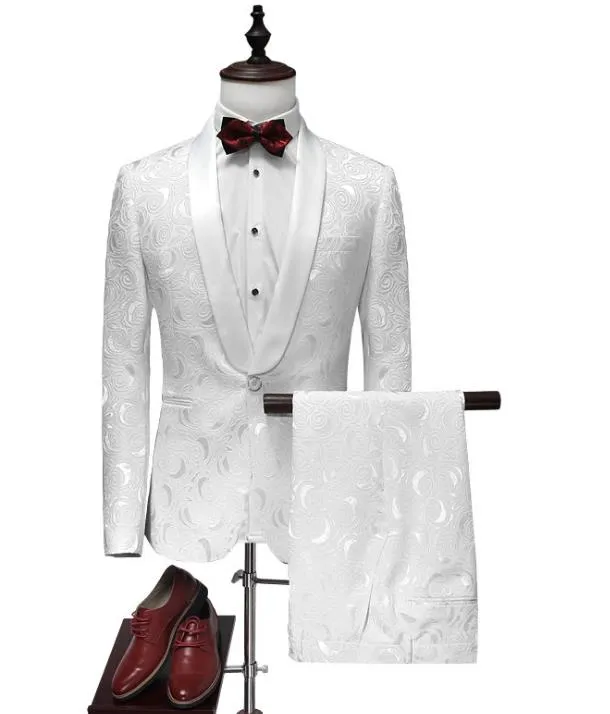 Esmoquin de novio blanco 2019 Jacquard, pantalones de boda, diseño de abrigo, mejor hombre, Blazer, trajes de hombre, traje de fiesta de graduación, traje personalizado (chaqueta + pantalones)