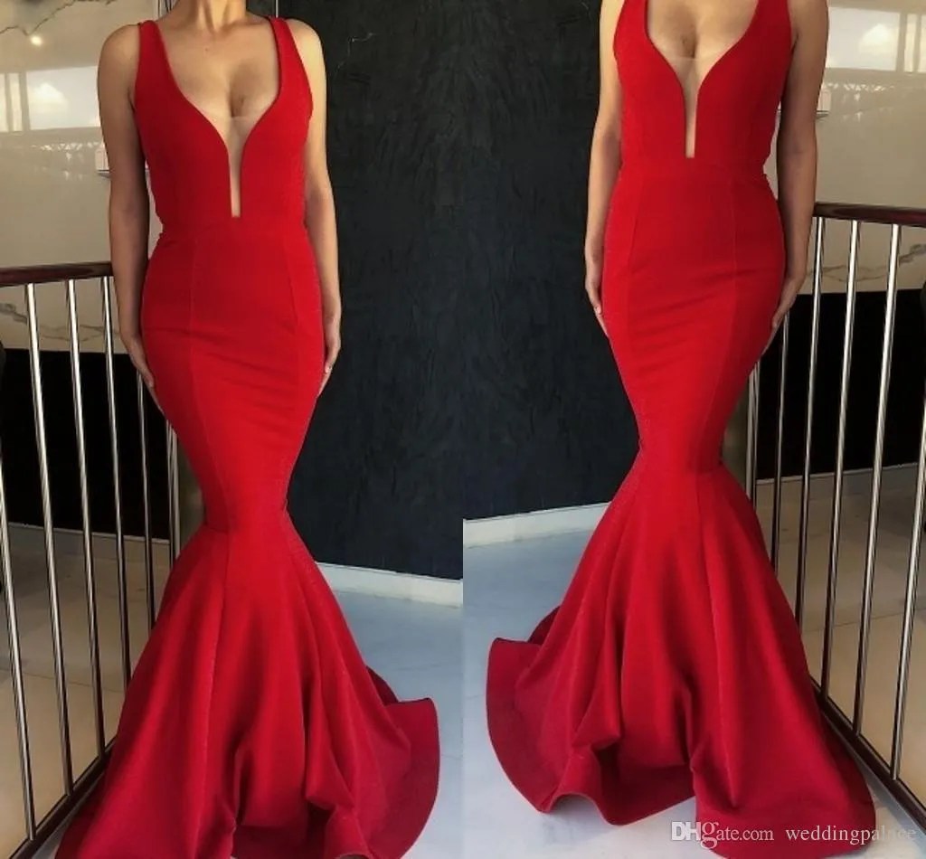 Mermaid Sexy Red Evening Dress Prom Gowns On Sale Glamorous False Perspective Deep V Sleeveless Sweep Train Exposed Boning Vestidos De Novia Estidos