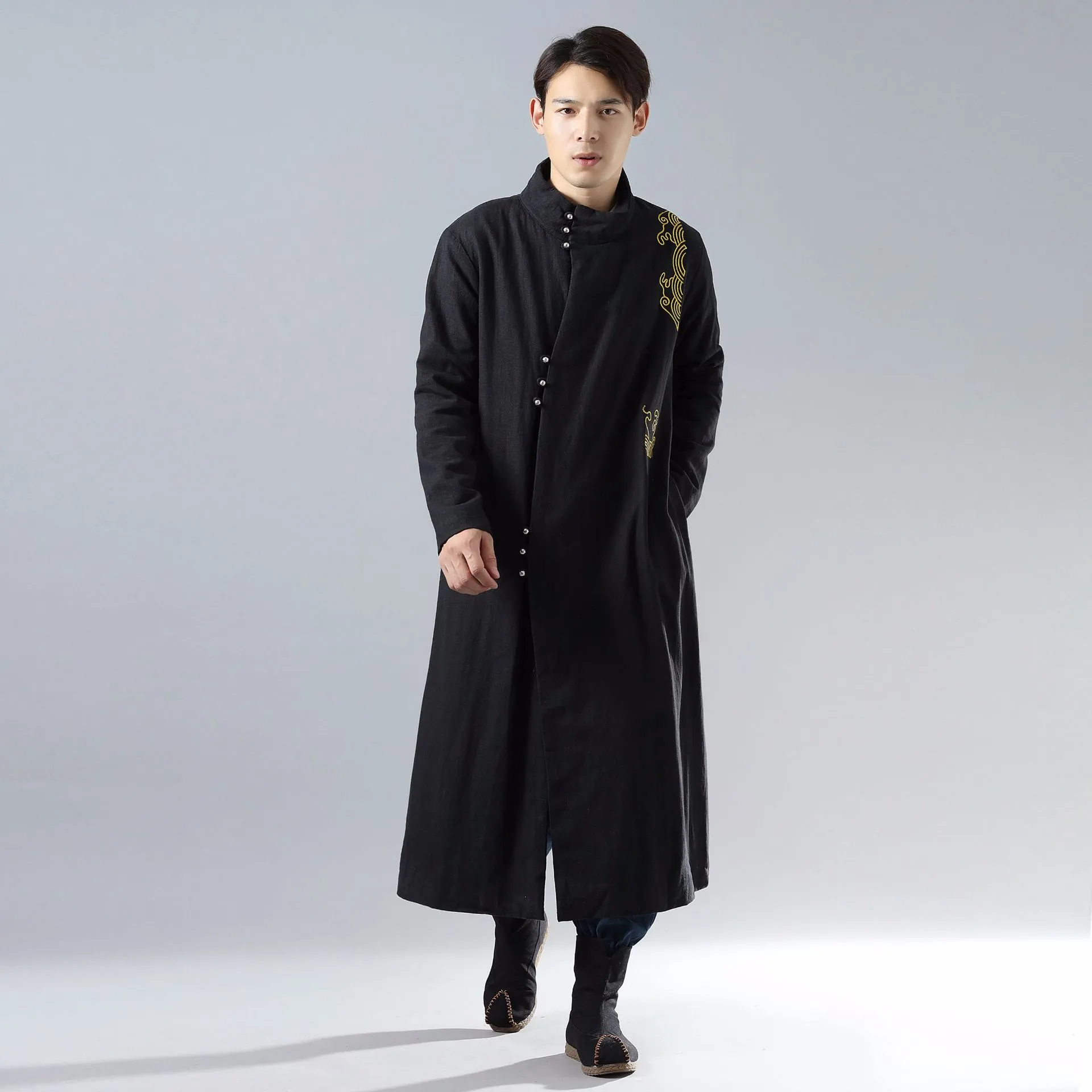 Kış Uzun Tang Suit cheongsam Ceket Geleneksel Çin etnik giyim Robe Pamuk Keten Hanfu ulusal stil erkek giyim