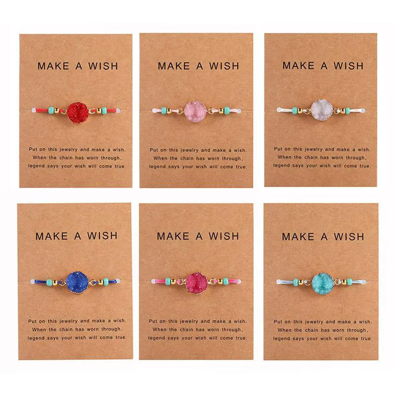 Handmade Druzy Resin Stone Bracelet Make a Wish Card Wax Rope Braided Bracelets Bangles With Rice Bead for Women Girls Summer Beach Jewelry