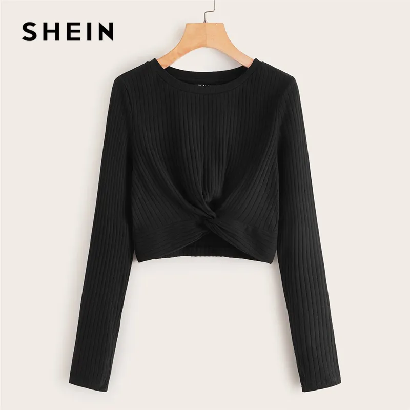 SHEIN Solid Twist Front Rib Knit Crop Top Fitted T Shirt Women
