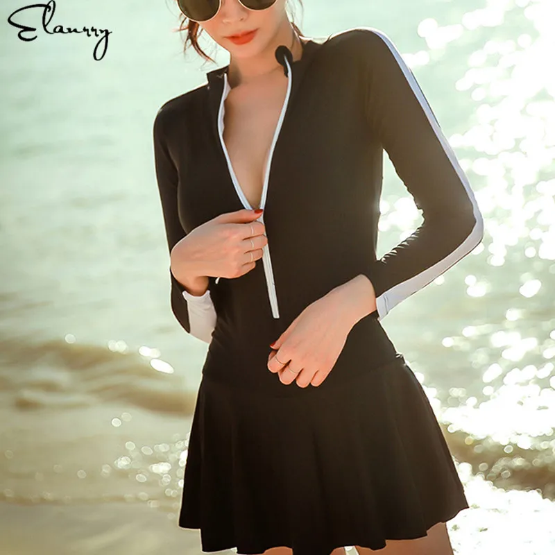 2024 Women Black Long Sleeve Push Up Swimsuit Bathing Suit Skirt One Piece Swimwear Polyester From Cutee 20.2 DHgate.Com