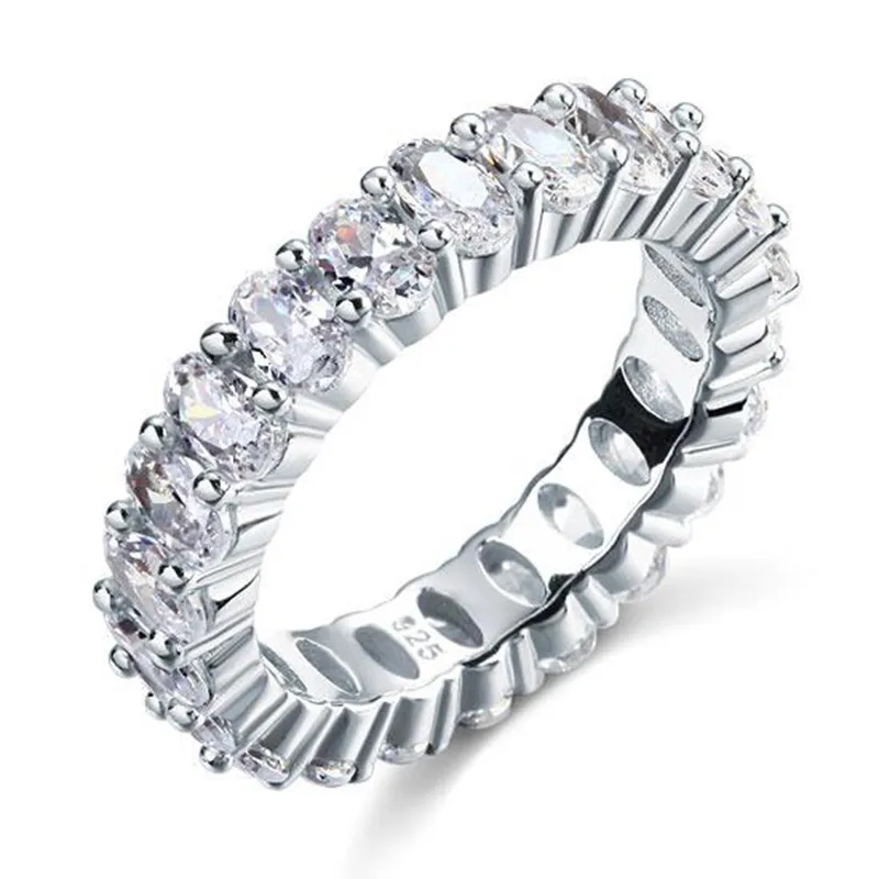 Exquisita real 925 Anillo de banda del canal de bodas de plata Ajuste del corte del óvalo Eternidad joyería de las mujeres anillos de boda de la manera