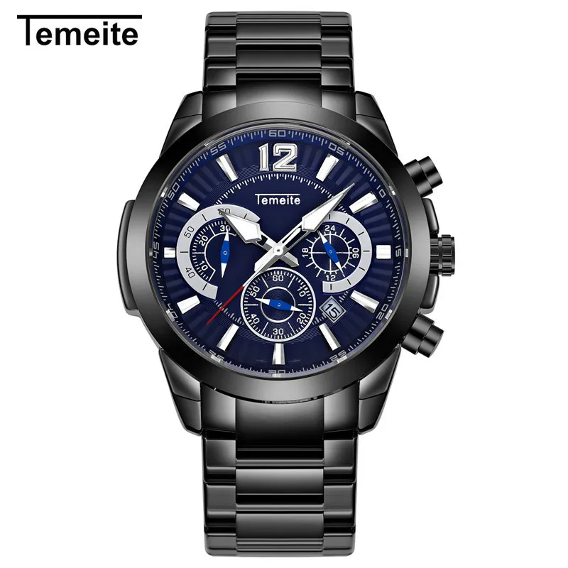 Temeite 2018 Mens Luxury Rostfritt stål Kalender Klockor Mode Quartz Klocka Man Klocka Datum Armbandsur Man Relogio