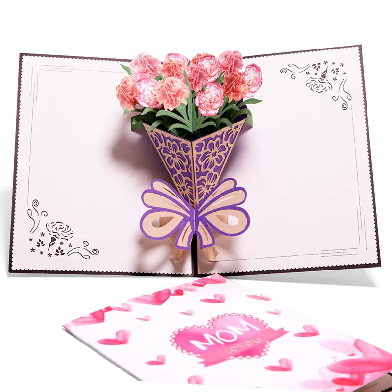 3D Pop Up Cards Mothers Day Gifts Card I Love Mom Carnation Flowers Bouquet Greeting Cards for Mother Birthday Card