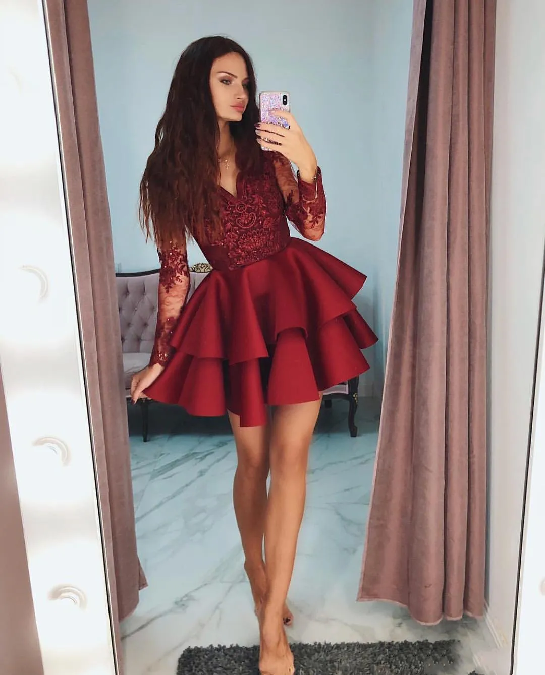 Stylish Red V-Neck Homecoming Homecoming Dress Stores with Tiered Long Sleeves, Beaded Lace Applique, and Lovely Fashion for Prom, Party, or Cocktail