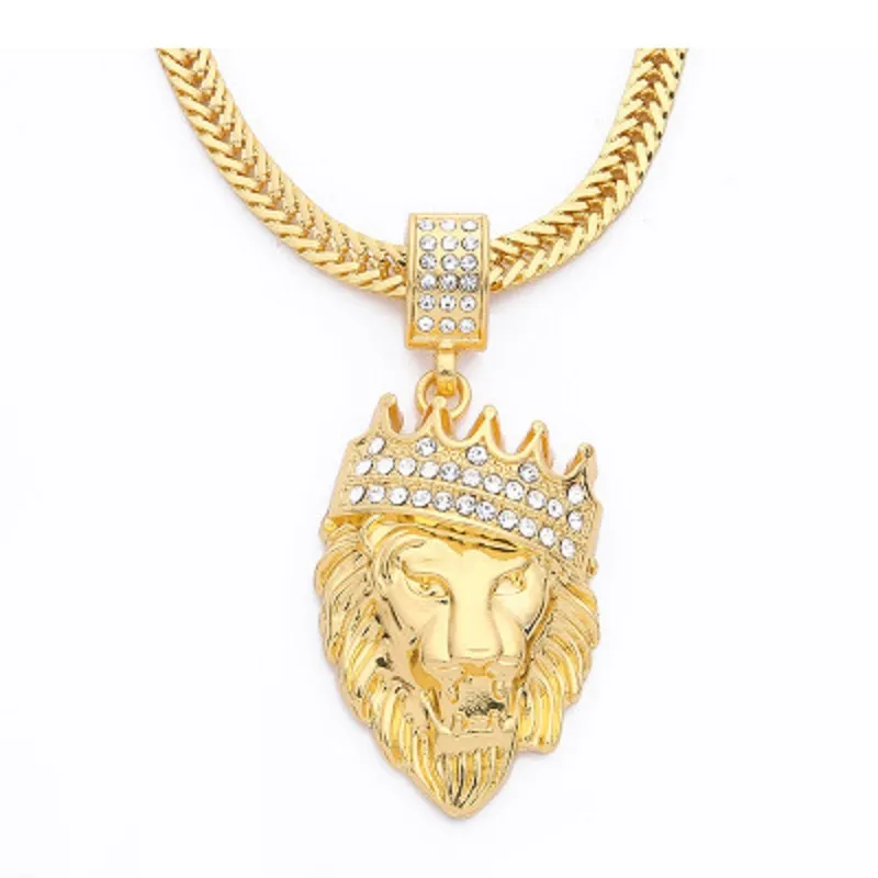 Mens Crown Tag Pendants Halsband Hip Hop Gold Full Iced Rhinestone Crown Tag Long Cuban Chain Halsband Guld Smycken för Man