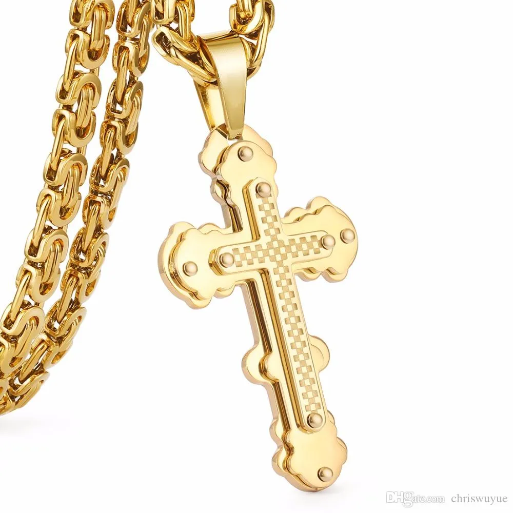 Ny ankomst Jesus Cross Pendant Halsband Rostfritt Stål Män Smycken Byzantinsk Kedja Poplular Christian Colar Sliver Guldfärg