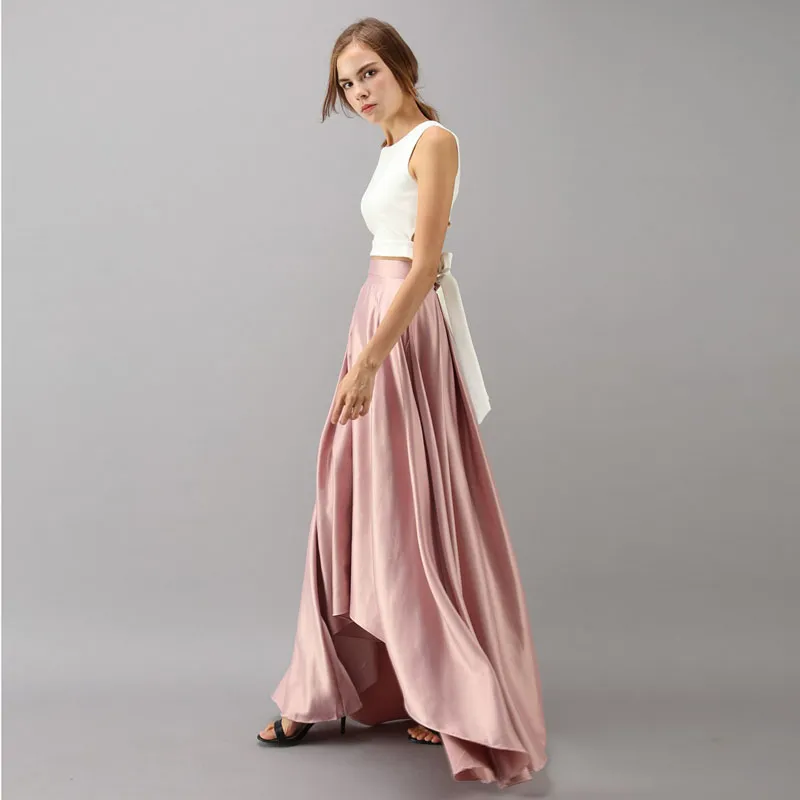 Blush Pink High Low Satin Long Skirt Elegant High Waist Pleated A Line Formal Prom Dress