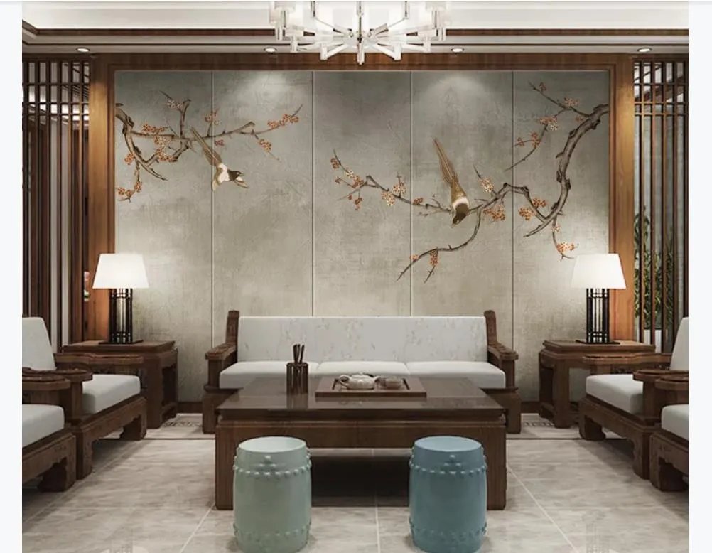 Aangepaste 3D Zijde Foto Muurschilderingen Behang Chinese Plum Blossom Magpie Art Woonkamer TV achtergrond Muurschildering