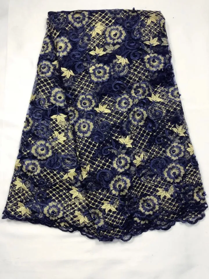 Tissu en dentelle française bleu profond, 5Yards/pièce, à la mode, avec broderie de fleurs en strass, maille africaine en dentelle pour robe, QN90-1