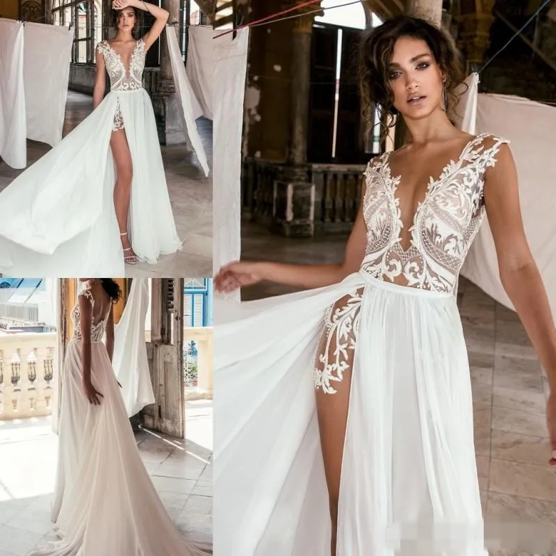 Dresses Boho Sexy Plunging V Neck Lace Applique Illusion High Slit Chiffon Sweep Train Backless Beach Wedding Gown