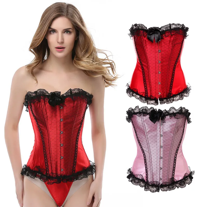 Dentelle À Volants Garniture Overbust Corset Top Femmes Mode Satin Plastique Désossé Corselet Plus La Taille S-6XL Sexy Corset À Lacets Avec Arcs / Points