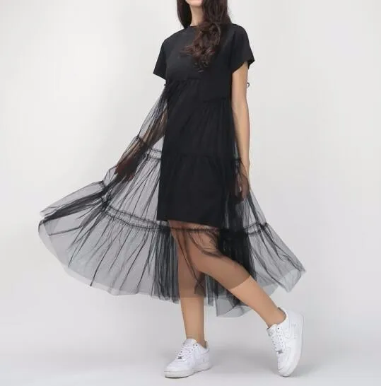 2019 Estate Coreano Splicing Tulle Pieghettato T shirt Abito Donna Big Size Nero Grigio Colore Vestiti Nuova Moda