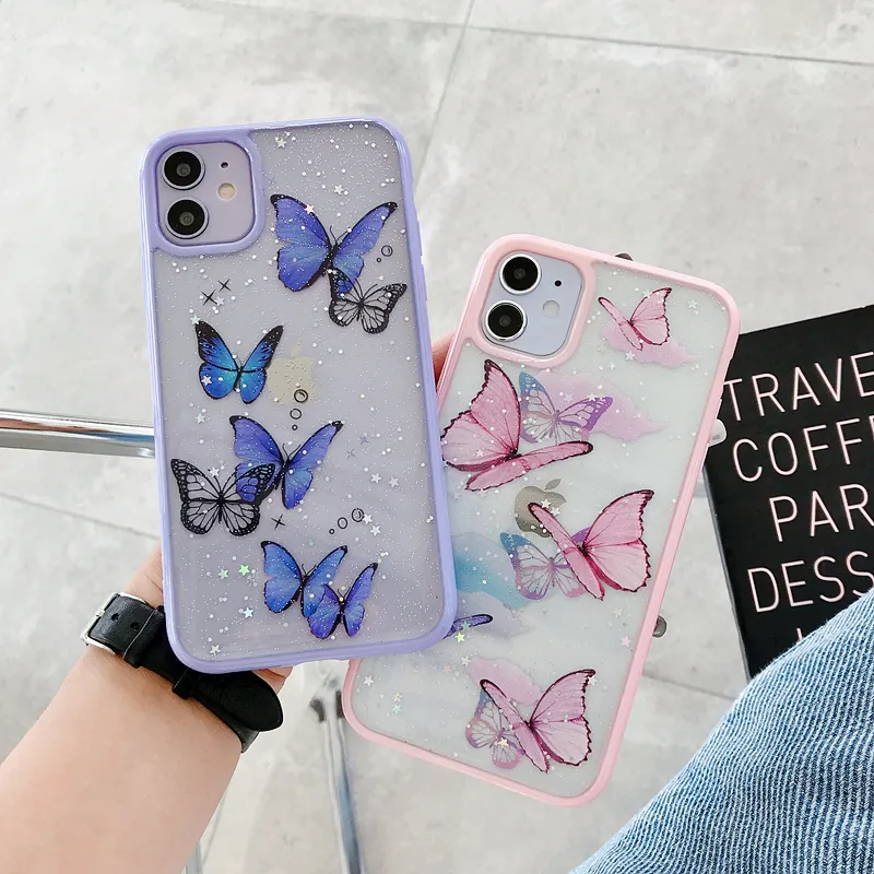 Butterfly Candy Color Glitter Telefon Case Dla iPhone 11 Pro Max XR XS Max 7 8 Plus X Soft TPU Hard PC Powrót