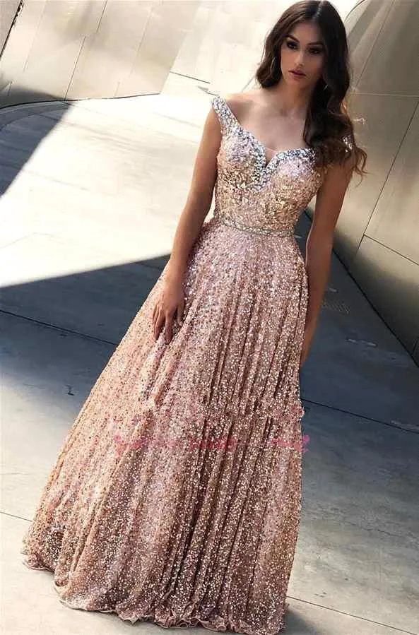 Rose Gold Off The Shoulder Sequins A Line Long Prom Dresses Beaded Stones Floor Length Formal Party Wear Gowns BC15882556