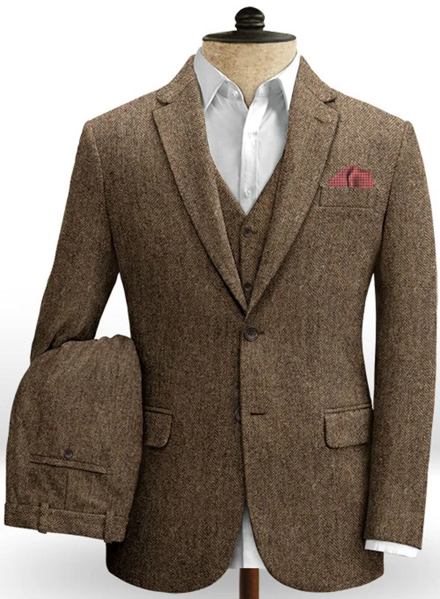 Dark Brown Wedding Tuxedos Men Suits Harringbone Tweed Groom Outfits Best Man Suit Men's Blazer Suits Custom Made (Jacket+Pants+Vest)