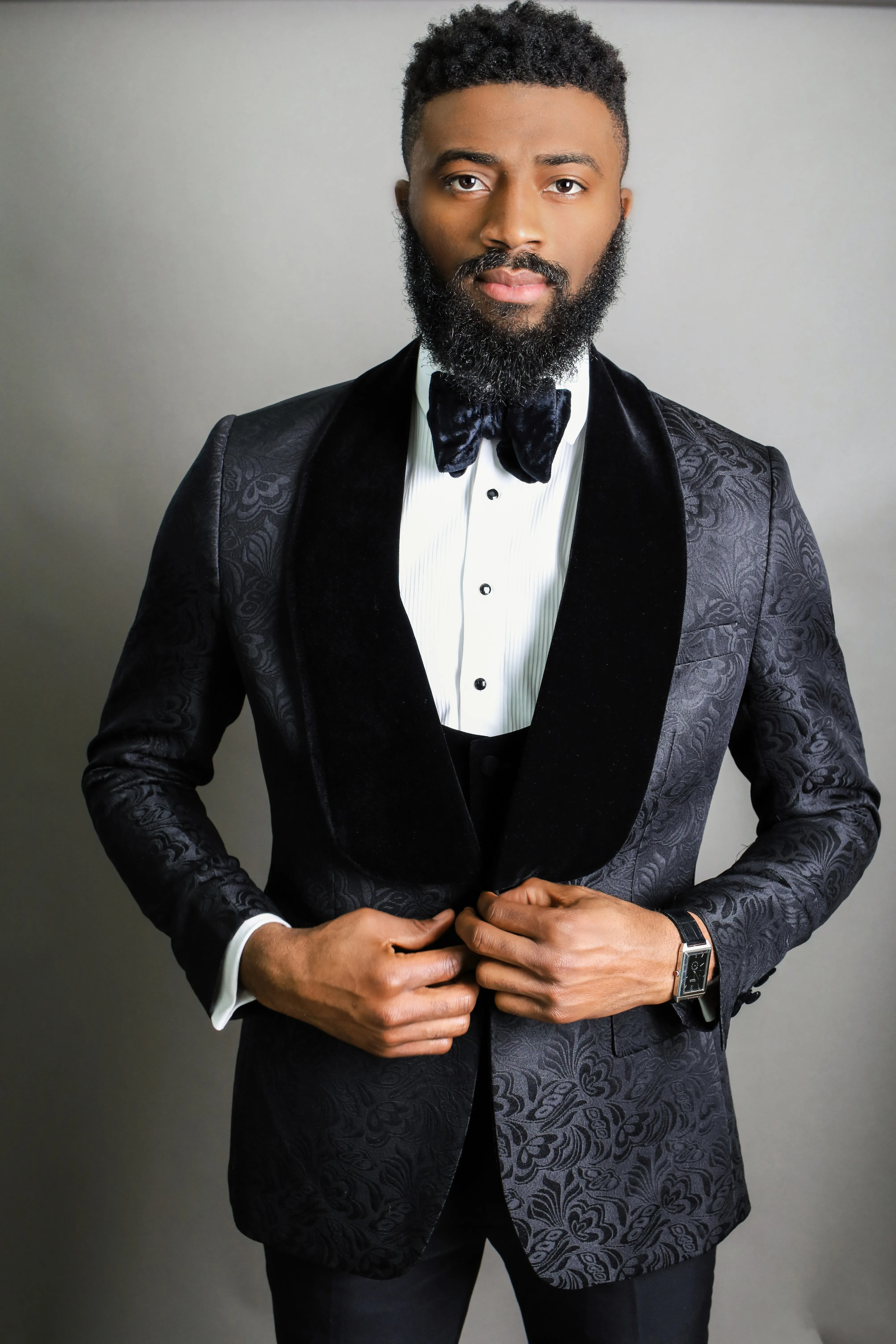One Button Men Suits Black Pattern Groom Tuxedos Shawl Velvet Lapel Groomsmen Wedding Best Man ( Jacket+Pants+Vest+Tie ) L378