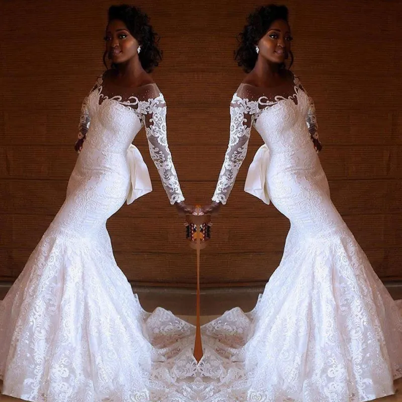 Rétro Dentelle Sirène Robes De Mariée 2019 Sud-Africain Sheer Manches Longues Robes De Mariée Balayage Train Sur Mesure Robes De Mariage