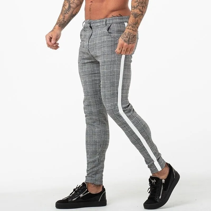 Mens Jogger Pants Grey Plaid Chinos Skinny Pants for Men Side Stripe Stretchy Montering Athletic Body Building2460