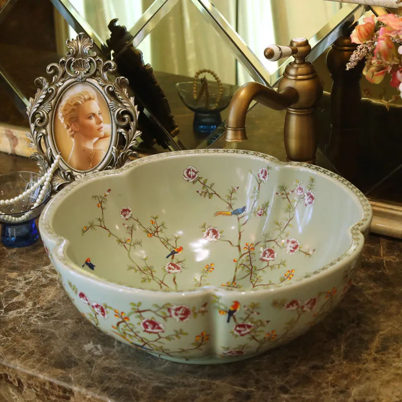 Cina Artistico Stile Europeo Lavabo da appoggio in porcellana lavelli da bagno lavabo in ceramica artistica con fiori e uccelli