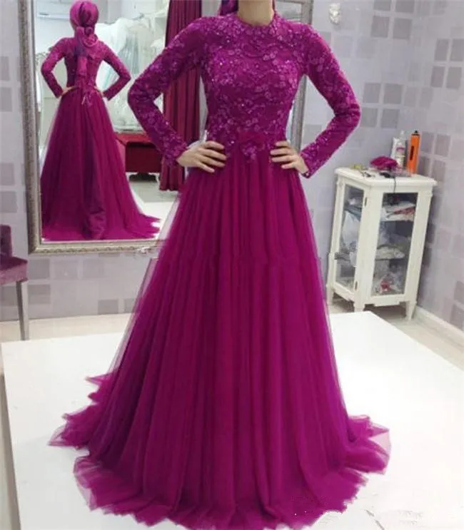Fuschia Moslim Prom Dresses 2019 A-lijn Hoge Hals Lange mouwen Kant Beaded Sjaal Islamitische Dubai Saoedi-Arabische Lange Prom Avondjurk