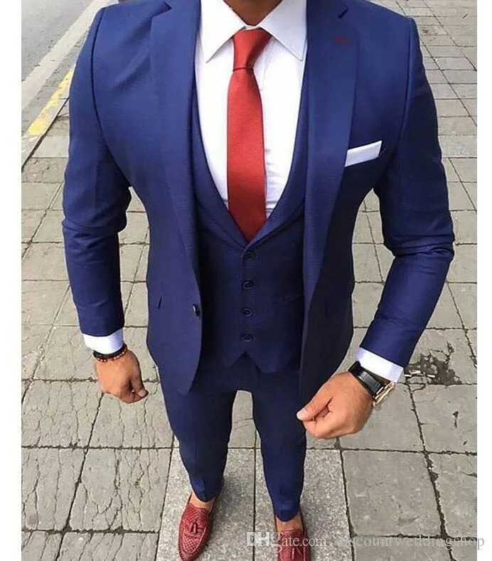 Modieuze Slanke Pits Blauw Bruidegom Tuxedos Notch Revers Mannen Trouwjurk Blazer Diner Party Business Pakken (Jas + Broek + Vest + Tie) J782